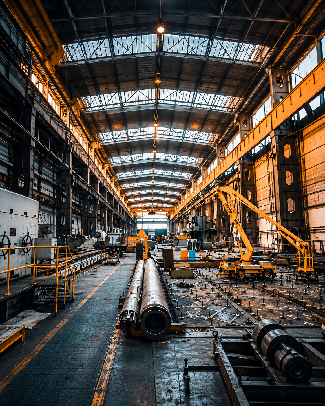 Interior de uma instalação industrial com estruturas, máquinas e equipamentos de produção